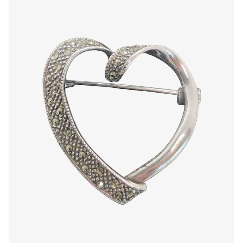 Vintage 925 Sterling Silver & Marcasite Open Heart Brooch Pin - Picture 2 of 6